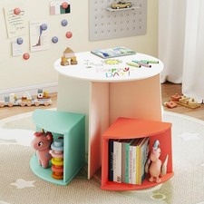 Children Wooden Play Table Set, Round Graffiti Desk with 4 Chairs
