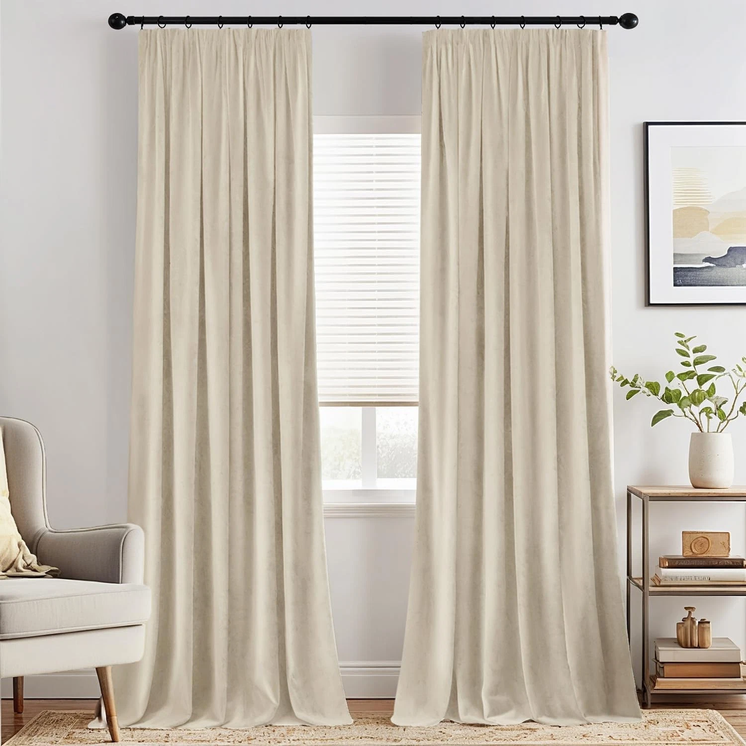 MIULEE Beige Velvet Pencil Pleat Darkening Curtains for Bedroom 2 Panel Set, Sup