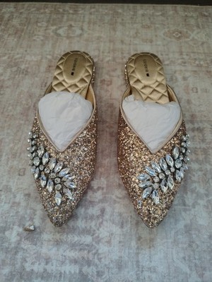 Birdies The Swan-Jeweled Crystal Gold Glitter Sparkle Slide Slip-On Mules 7.5