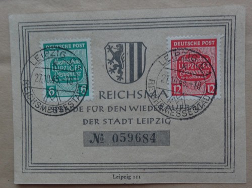 1 Reichsmark Wiederaufbau der Stadt Leipzig und 1945 Deutsche Post Musterschau