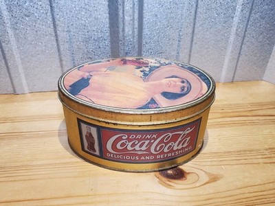 Vintage Coca-Cola Gold Oval Tin Can 1994 Rare Girl Drinking Coke Collectible