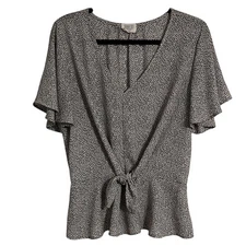 Sienna Sky Animal Print Pebble Peplum Blouse V-Neck Tie Waist Detail Black White