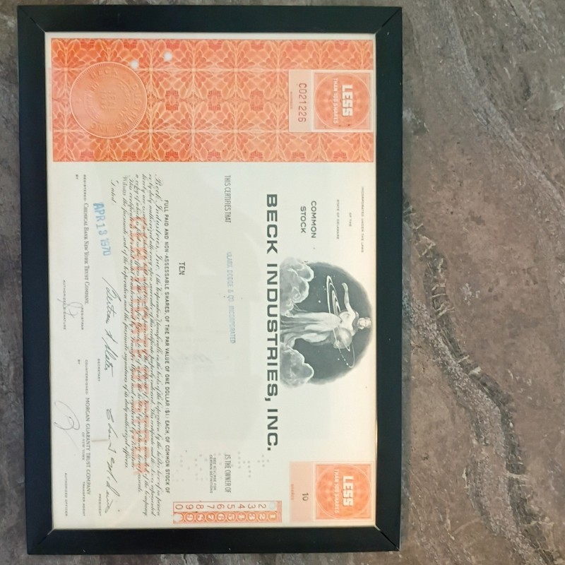 Beck Industries, Inc. Framed Common Stock Certificate - Stock Certificate