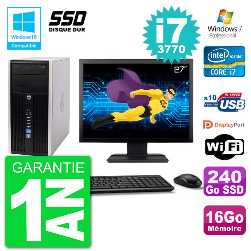 PC HP 6300 MT Ecran 27" Core i7-3770 RAM 16Go SSD 240Go Graveur DVD Wifi W7