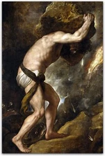 Sisyphus Ancient Greek Mythological Figure Pushing A Rock Up A Hill Oil Painting