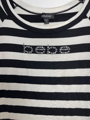 bebe Vintage Striped Rhinestone Logo Shirt Sz M Half Sleeve