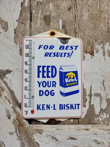 VINTAGE KEN-L BISKIT PORCELAIN SIGN THERMOMETER DOG TREAT FOOD FARM ANIMAL FEED