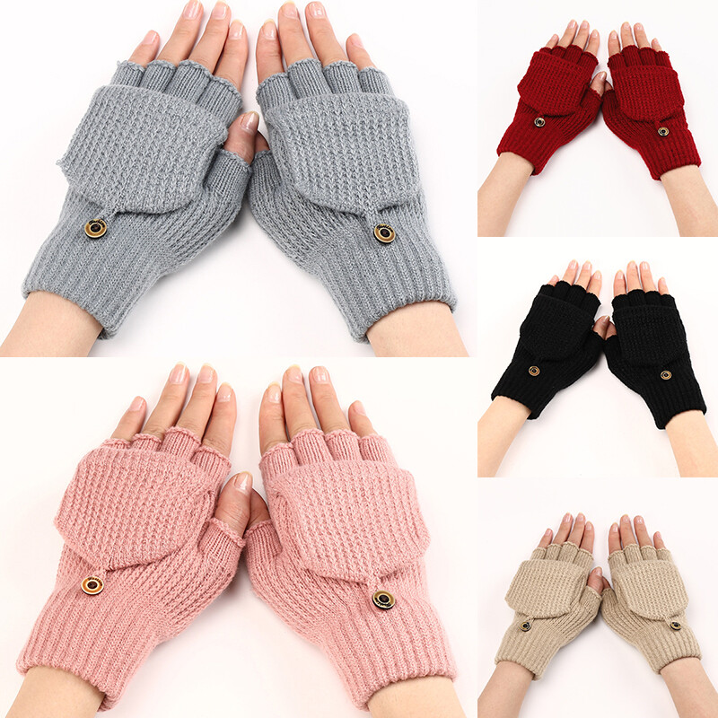 Unisex Winter Warm Knitted Fingerless Flip Gloves Flexible