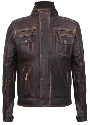Men's Vintage Brown Warm 100% Leather Retro Biker Jacket Distressed Motorcycle