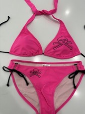 Spencer's Fuchsia Rare Black Crystal Skull Bikini Top  Bottoms L Rockstar Back