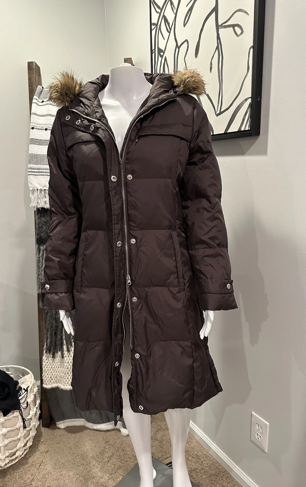 Michael Kors parka piumino donna M cappotto invernale cappuccio con bordo pelliccia marrone