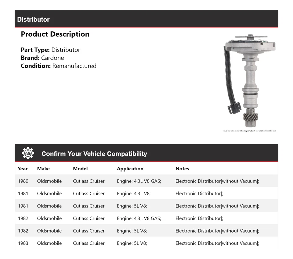 For 1980-1983 Oldsmobile Cutlass Cruiser Distributor Cardone 1981 1982 - Image 2 of 4
