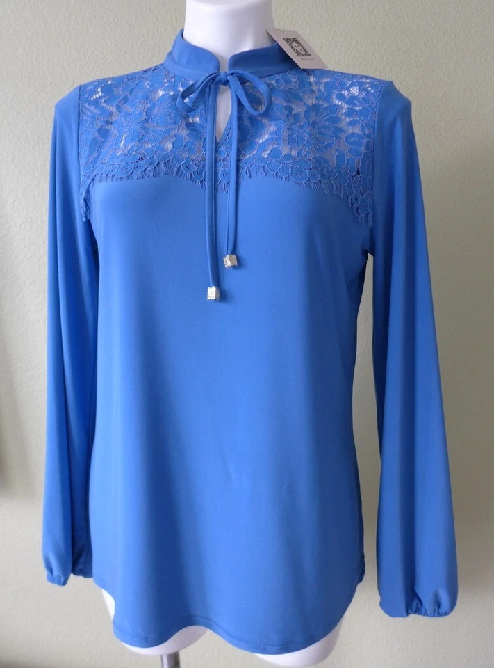 ANNE KLEIN Women's M Tie Neck Lace Yoke Stretch Jersey Blouse Star Sapphire