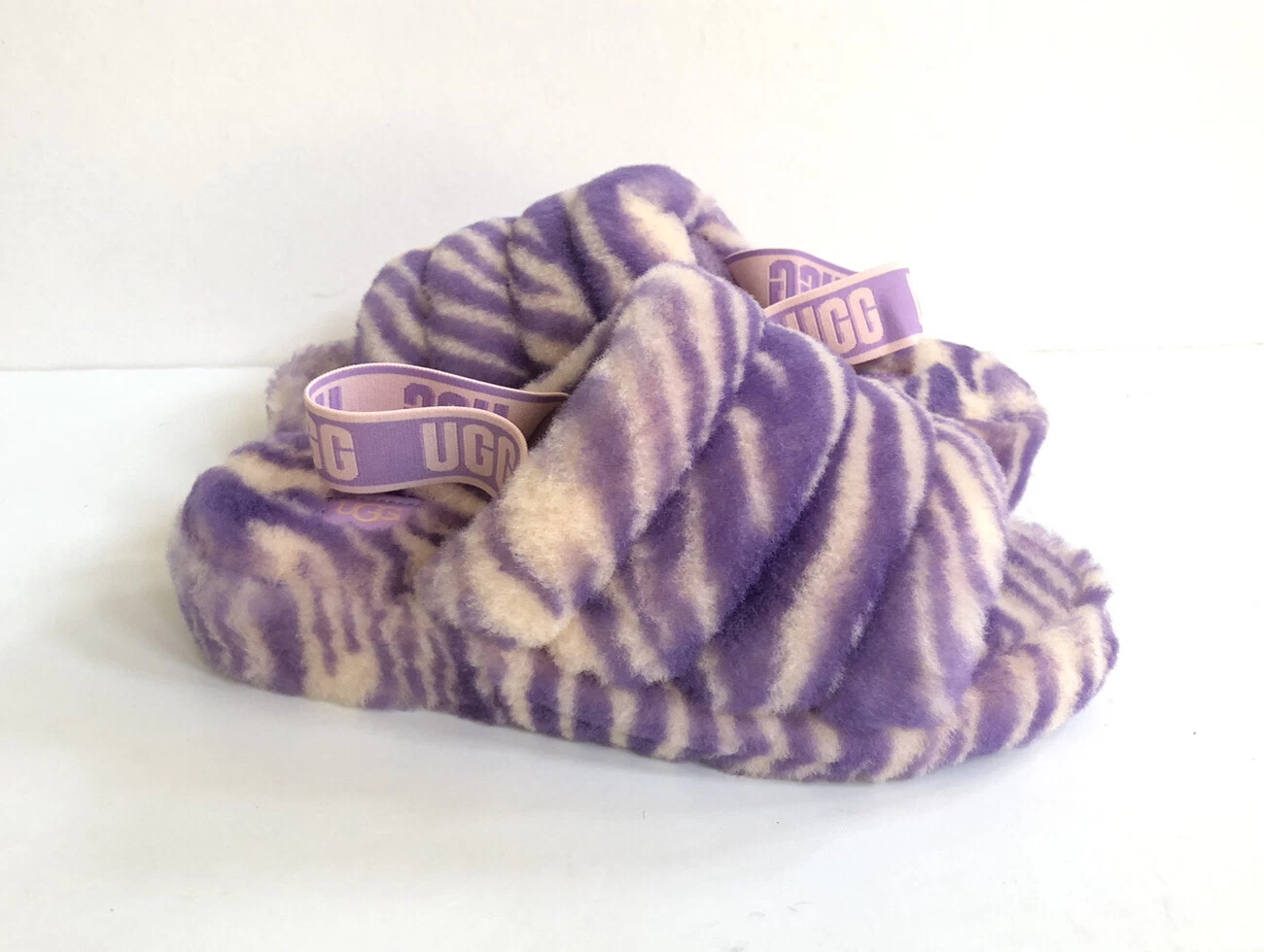 SANDALO UGG FLUFF YEAH SLIDE ZEBRA PESCA FUZZ FIORI LILLA US 11 EU 42 UK 9
