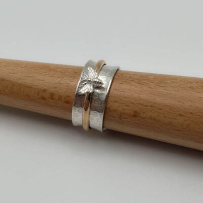 925 Sterling Silver Honey Comb Embossed Spinner Ring With Gold Filled Jewelry