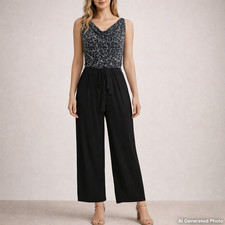 Gilli Animal Print Jumpsuit XS Petite Wide Leg Cowl Neck Tie Waist Black NWT