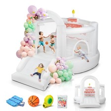 White Bounce House for Kids Birthday Party w/Blower 30s Set-up, Portable Bag