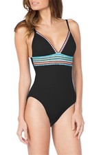 NWT La Blanca 12 Running Stitch Island Goddess 1PC Swimsuit Black 130275