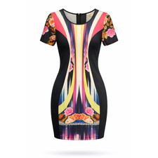 Neon Stripe Floral Graphic Body Con Homecoming Dress Y2K Funky Medium
