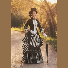 Black White Gothic Victorian EveningDress civil war Bustle Corset Ruched Pleated