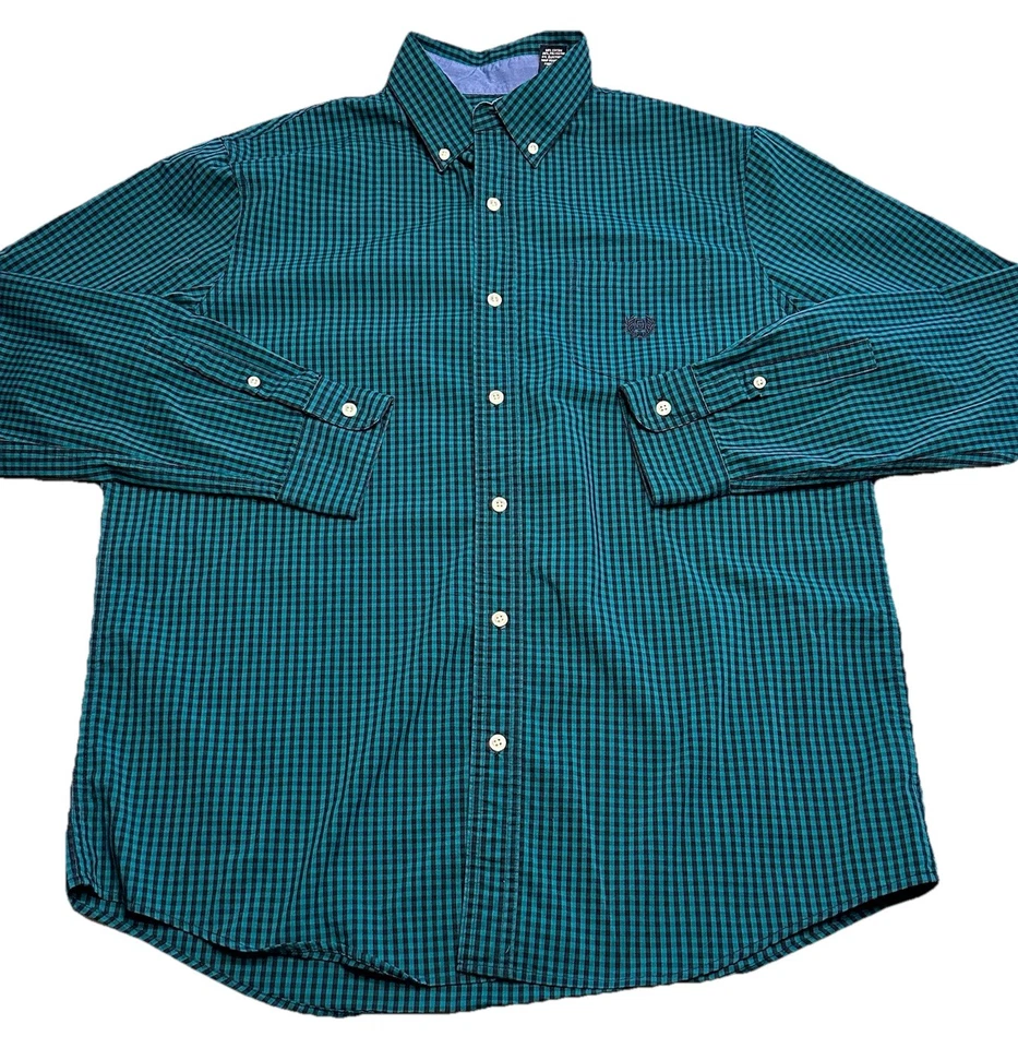 CHAPS Stretch Easy Care Teal Gingham Plaid Shirt Mens L Button Up Long Sleeve - Image 3 of 4