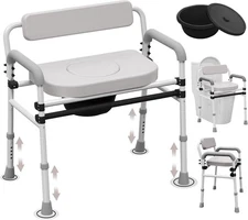 Adjustable Medical Bedside Commode Chair with Padded Backrest, Drop Arm Support