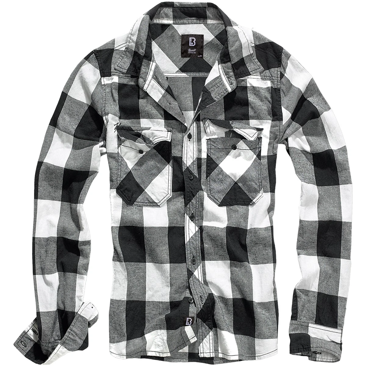 Brandit Clásicos Algodón Franela Trabajo Hombres Camisa Manga Larga Blanco Negro