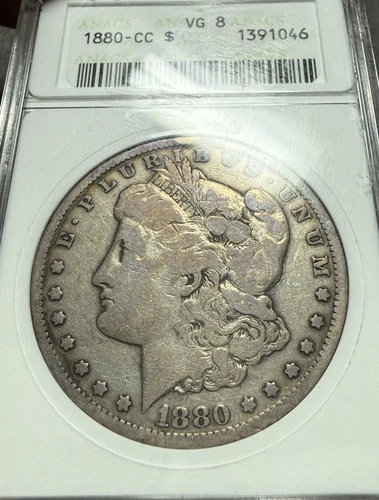1880 CC Morgan Silver Dollar Anacs Soap Box Lowball VG 8 Very Good Great Eye App