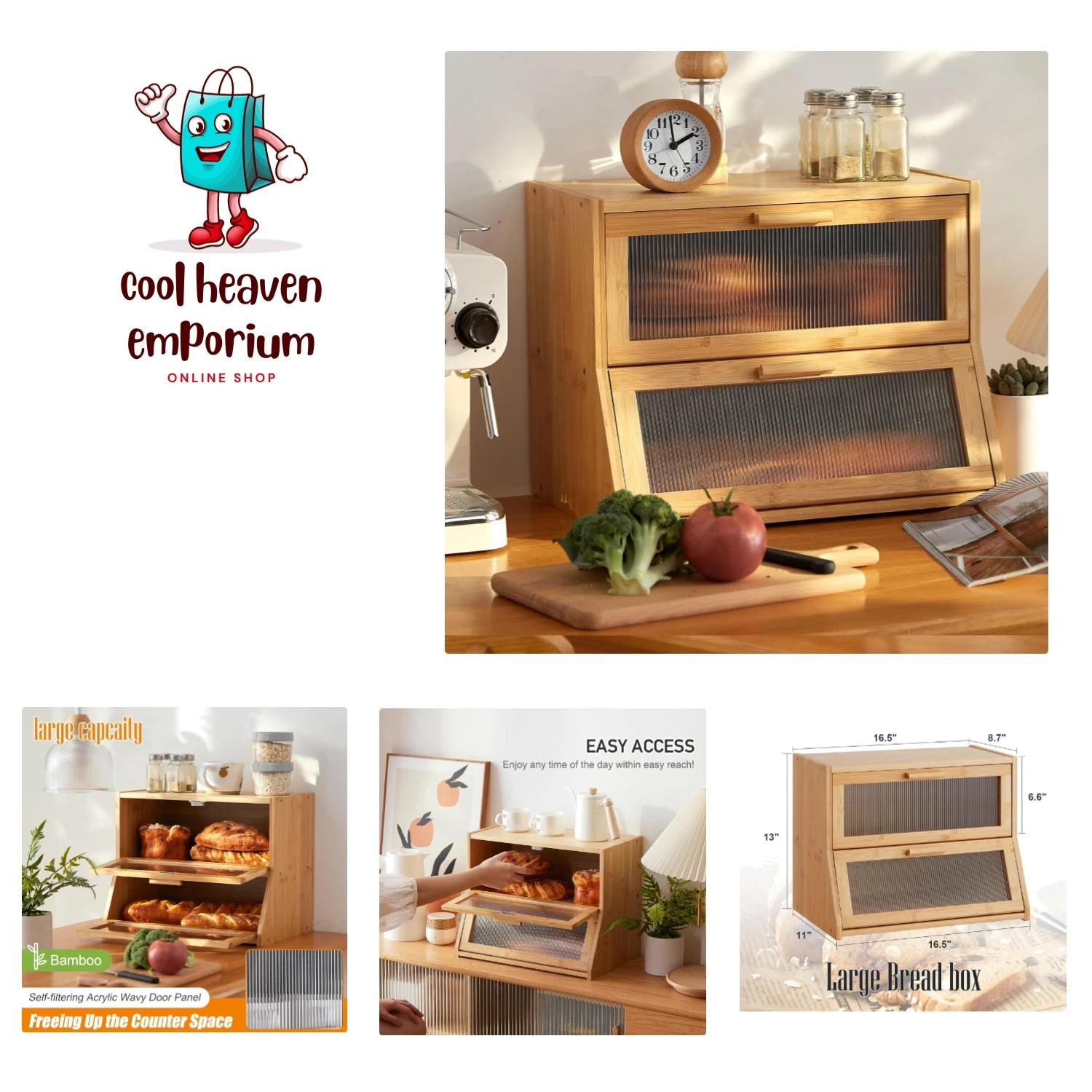 Stylish and Functional Bamboo Bread Box with Dual Doors - Freshness Guaranteed
