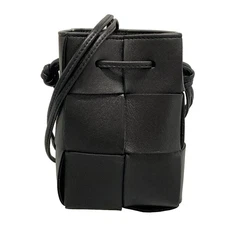 Auth BOTTEGA VENETA Cassette Mini Crossbody Bucket Bag - Black Lambskin