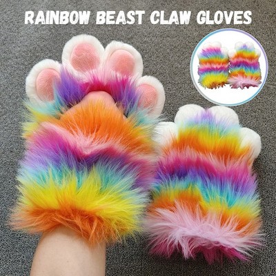 1X Plush Rainbow Furry Cat Claw Gloves Beast Paws for Halloween Cosplay Costumes