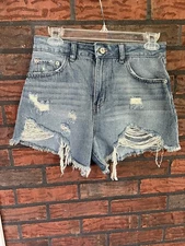 Peace Love Eco Rewash Blue Denim Cut Off Shorts Size 3 Super High Rise Destroyed