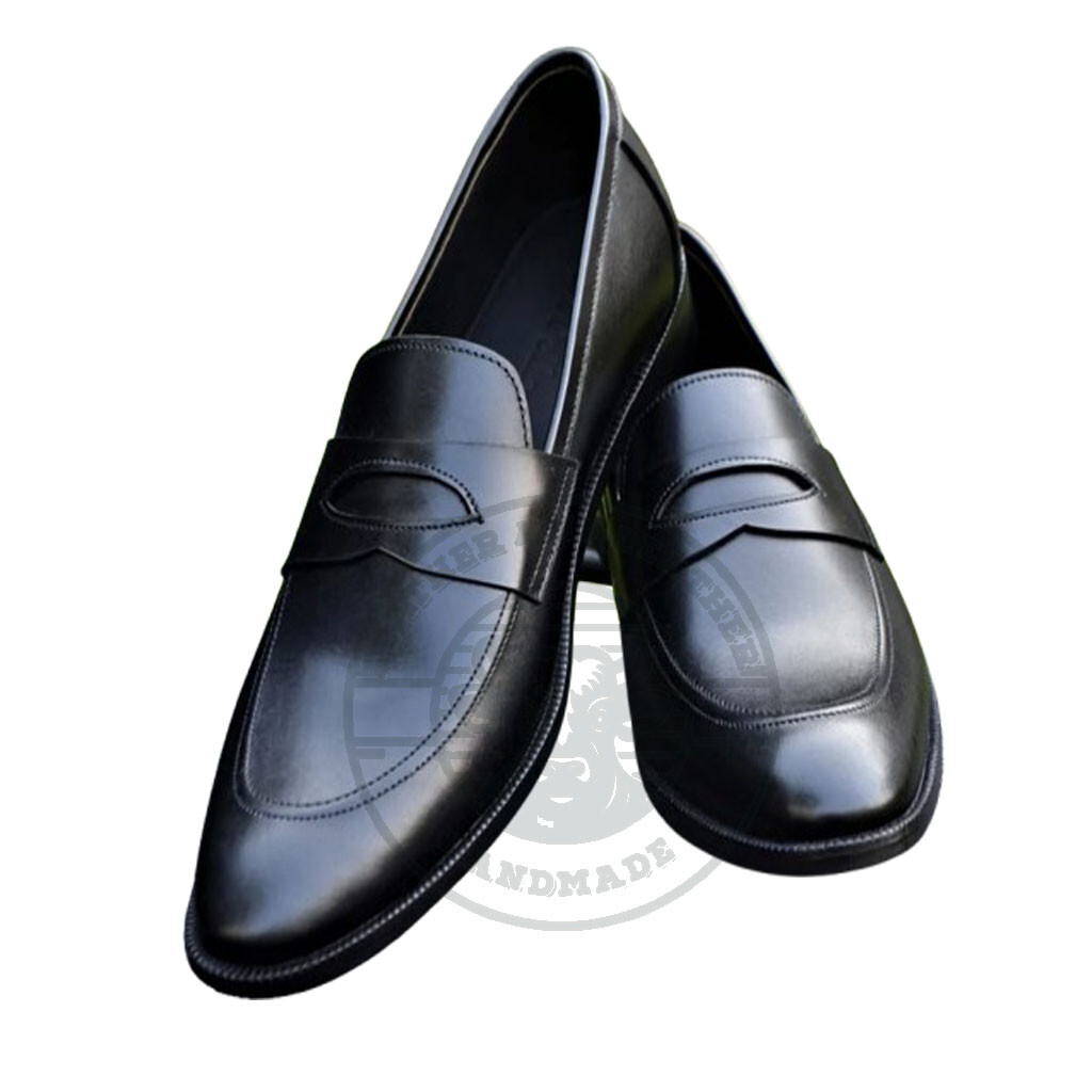 Handcrafted Black Penny Loafer Slip-on Shoes For Men, Formal Dress Shoes