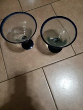 *Cobalt Blue Rim Mexican Hand Blown Glass Margarita Glasses Set of 2