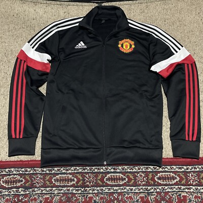 Men's Black, Red Adidas Manchester United 3-Stripe Full-Zip Jacket Medium 