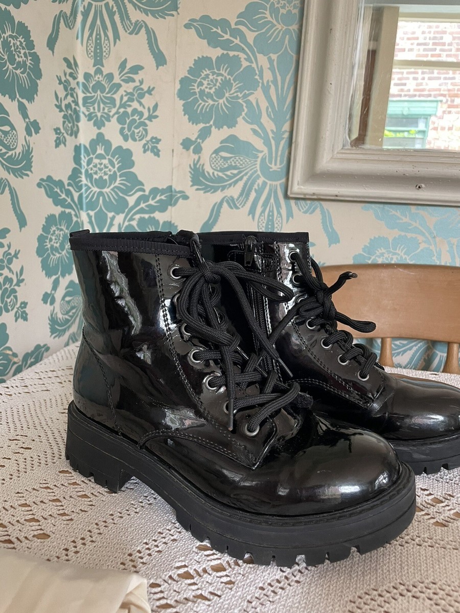 NEXT FOREVER COMFORT UK BLACK PATENT LEATHER ZIP LACE UP ANKLE