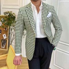 Men Suits Green Plaid Wedding Blazers Causal Slim Fits Notch Lapel Causual Wear
