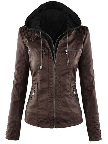 New Women's Brown Biker Motorcycle Real Leather Jacket Coat - Detach Hoodie