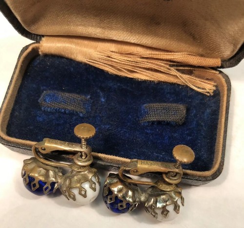MIRIAM HASKELL Signed Sim Cobalt Milk White Floral Clip Earrings Deco WOW! Orig! - Picture 4 of 9