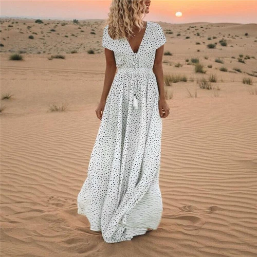 Summer Women's Beach Holiday V Neck Long Maxi Dress Ladies Boho Holiday Sundress - Picture 3 of 24