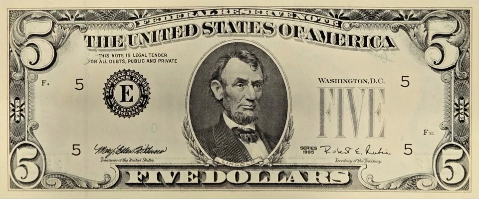 $5 1995 Insufficient Inking Error 3rd Print Error Missing Overprint CRISP UNC - Image 2 of 3