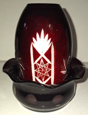 VTG RUBY RED CUT TO CLEAR FAIRY LAMP STARBURST BOHEMIAN GLASS TEA LIGHT CANDLE