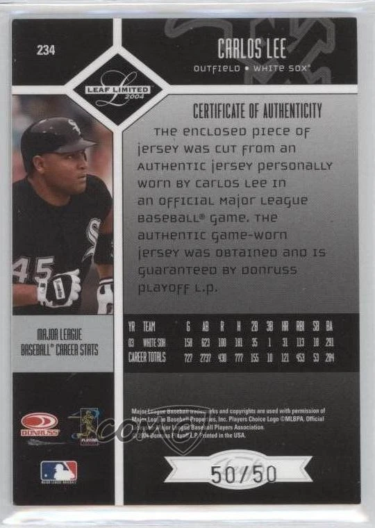 2004 Leaf Limited Monikers Jerseys Signatures /50 Carlos Lee #234 Auto - Image 2 of 2