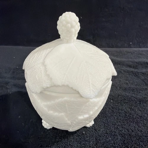 Vintage Fostoria White Milk Glass Grape Leaf Candy Dish With Lid, Mid-1950's