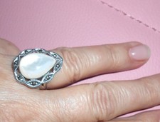 Bague Marquise ancienne vintage argent nacre marcassites