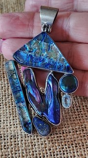 Sterling Silver One Of A Kind Pendant With Dichroic Glass Pearl & Crystal 2.88"