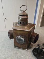 Vintage American Brass 3 Lens Railroad or Ships Wheelhouse Antique Lantern 
