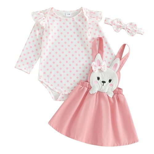Newborn Baby Girl Easter Outfits Long Sleeve Dot Print Ruffle Romper Rabbit S...