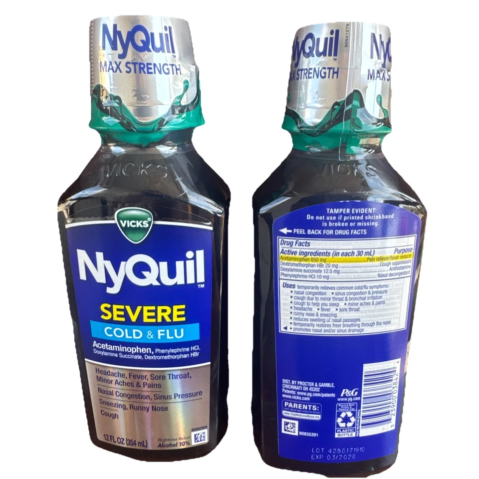 Paquete de 2 Vicks NyQuil resfriados y gripe severos de 12 oz cada uno caducado 03/2026 - tos nocturna Foto 3 de 3