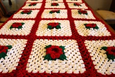 Crochet 3D Rose Afghan Blanket Granny Square 64 x 37” Cottage Throw Red